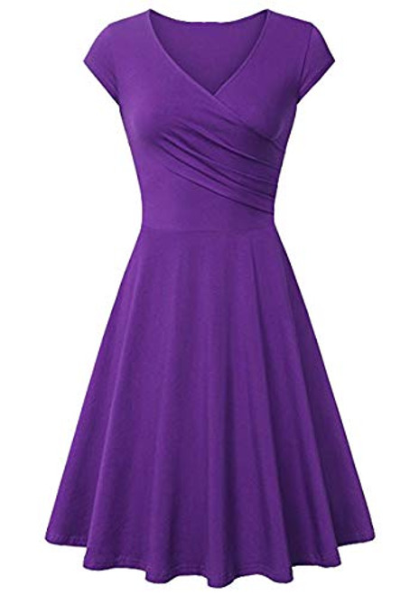 OMZIN Womens Deep V Neck Short Sleeve Wrap Casual Flared A Line Midi Dress Purple 2XL