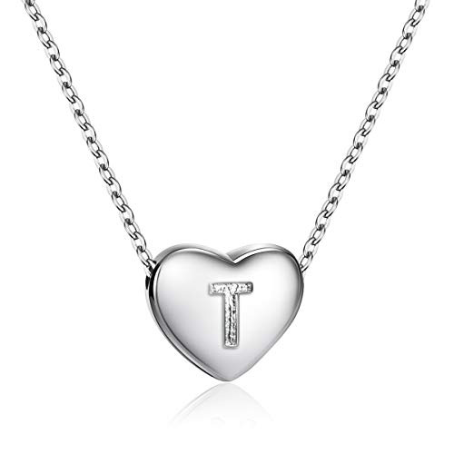 Dainty Heart Initial Necklace S925 Sterling Silver Letters T Alphabet Pendant Necklace Birthday Gift for Friends