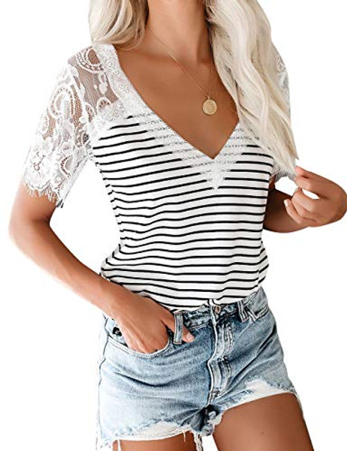 luvamia Womens Casual V Neck Lace Tops Short Sleeve Summer T Shirts Blouses Striped White Size Small luvamia Womens Casual V Neck Lace Tops Short Sleeve Summer T Shirts Blouses Striped White Size Small