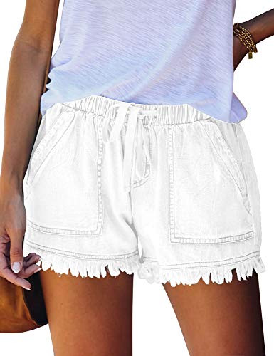 Luyeess Women Casual Drawstring Elastic Waist Denim Shorts Raw Hem Pocketed Jean White Size Medium