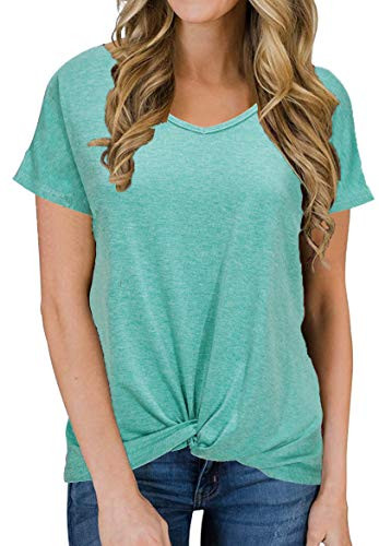 IVVIV Womens Casual V-Neck T-Shirt Twist Knot Tops Comfy Short Sleeve Tunics Loose Blouses LightGreen