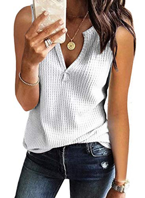 MIROL Womens Sleeveless Tank Tops V Neck Shirts Waffle Knit Solid Color Tunic Tops Casual Summer Basic Blouse Large White MIROL Womens Sleeveless Tank Tops V Neck Shirts Waffle Knit Solid Color Tunic Tops Casual Summer Basic Blouse Large White