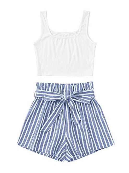 MakeMeChic Womens Summer Crop Top  and  Striped Belted High Waist Shorts 2 Piece Set Multi-23 M
