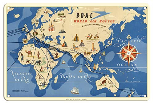 Pacifica Island Art Eastern Hemisphere Air Routes - BOAC British Overseas Airways Corporation - Vintage Airline Travel Poster by E. O. Seymour c.1949-8in x 12in Vintage Metal Tin Sign Pacifica Island Art Eastern Hemisphere Air Routes - BOAC British Overseas Airways Corporation - Vintage Airline Travel Poster by E. O. Seymour c.1949-8in x 12in Vintage Metal Tin Sign