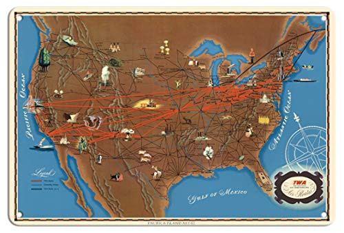 Pacifica Island Art United States Air Routes Map - TWA Trans World Airlines - Vintage Airline Travel Poster c.1948-8in x 12in Vintage Metal Tin Sign Pacifica Island Art United States Air Routes Map - TWA Trans World Airlines - Vintage Airline Travel Poster c.1948-8in x 12in Vintage Metal Tin Sign