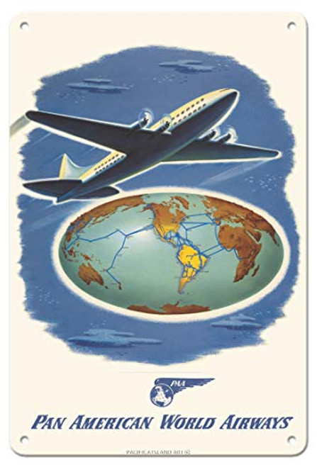 World Route - Pan American World Airways - Vintage Airline Travel Poster c.1945-8in x 12in Vintage Metal Tin Sign World Route - Pan American World Airways - Vintage Airline Travel Poster c.1945-8in x 12in Vintage Metal Tin Sign