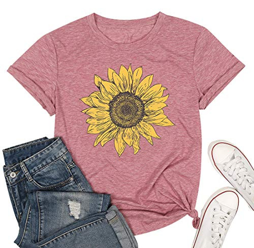 Sunflower Graphic Tee T Shirt for Women Short Sleeve Summer Graphic Casual Shirts Tee Top M Pink