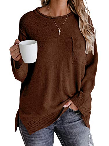 OFEEFAN Pullover Sweaters for Women Long Sleeve Crewneck Winter Sweater Coffee M