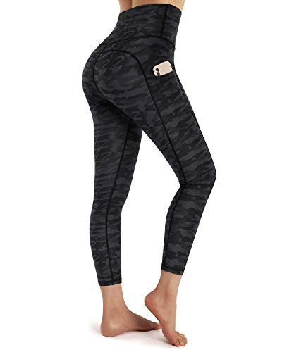 OUGES Womens High Waist Pockets Yoga Pants Running Workout Print Capris LeggingsCamo H Capris-24inchL