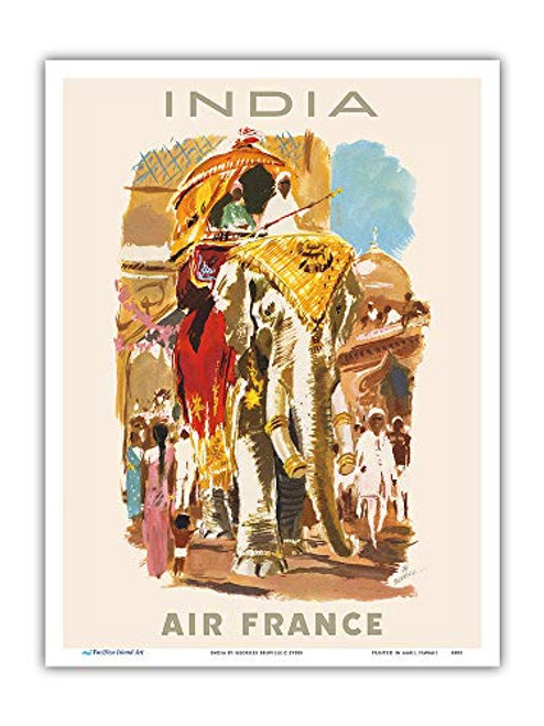 Pacifica Island Art - India - Elephant Carriage Howdah - France - Vintage Airline Travel Poster by Georges Beuville c.1950s - Master Art Print - 9in x 12in Pacifica Island Art - India - Elephant Carriage Howdah - France - Vintage Airline Travel Poster by Georges Beuville c.1950s - Master Art Print - 9in x 12in