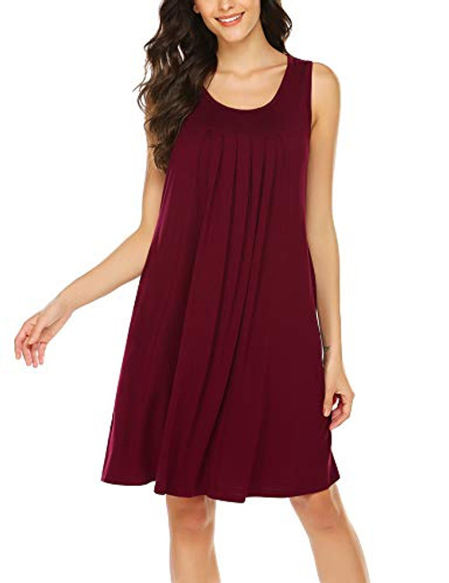 HOTOUCH Womens Chemise Nightgowns Sleeveless Cotton Sleepwear Sleep Shirt with Pockets Wine Red M