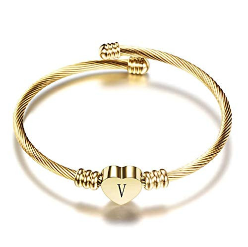 SBI Jewelry Initial Letter Cuff Bracelet Gold V Heart Bangle Bracelet for for Sister Granddaughter Daughter Gift SBI Jewelry Initial Letter Cuff Bracelet Gold V Heart Bangle Bracelet for for Sister Granddaughter Daughter Gift