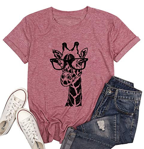 MYHALF Womens Fun Animal Graphic Tees Casual Short Sleeve Summer Cute Giraffe Printed T-Shirt Tops PInk2 M