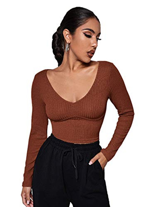 SweatyRocks Womens Basic Deep V Neck Long Sleeve Crop Tops Ribbed Knit Slim Fit Crop Tee Shirt Brown M