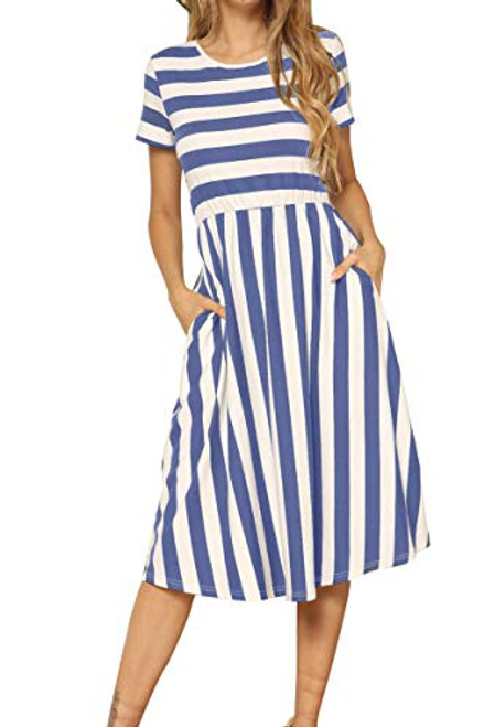 levaca Womens Short Sleeve Empire Waist Striped Swing Pockets Midi Dress LightBlue S