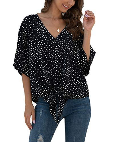 VIISHOW Womens Tie Front Loose Short Sleeve V Neck Floral Blouses Chiffon Tops Summer Shirts BlackXX-Large