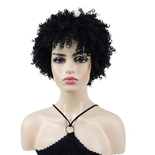 Wiginway Short Curly Wig for Black Women with Bangs Fluffy Kinky Curly Wig Heat Resist Soft Synthetic Natural black