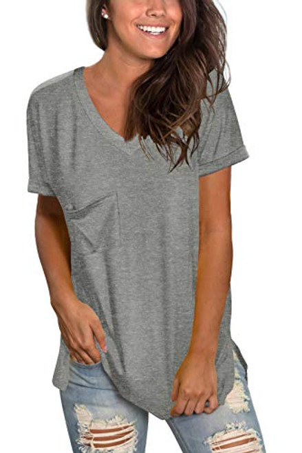 WFTBDREAM Womens Deep V Neck Short Sleeve T Shirts Loose Fit Summer Tops Shirts Light Gray S