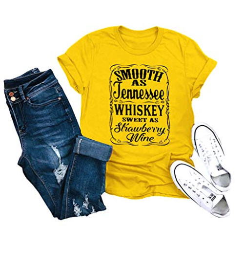 Womens Whiskey Graphic Tees Western Country Music T Shirts Short Sleeve Casual Tops Yellow M