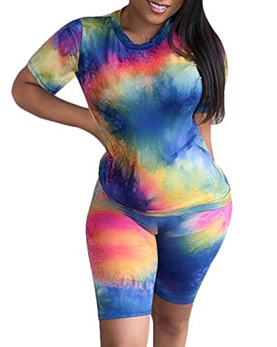 Famnbro Womens Tie Dye Shorts Set 2 Piece Outfits Casual Short Sleeve Top and High Waist Pants