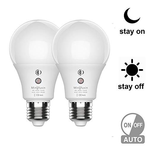 Dusk to Dawn Light Bulb [Eyesight Protection] Auto On/Off Porch Light E26 A19 8W LED Smart Bulbs Yard Patio Garage Garden Soft White 3000K 2 Pack by Mingfuxin