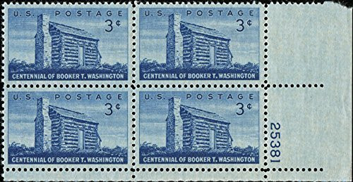 USA 1956 Booker T Washington Centennial Plate Block of 4 Postage Stamps, Catalog No 1074