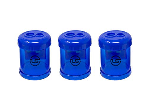 Manual Pencil Sharpener, 3 Pack Blue Dual Holes Sharpener with Lid for Regular and Oversized Pencils or Crayons