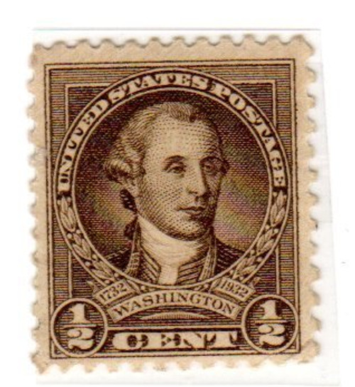 Postage Stamps United States. One Single 1/2 Cent Olive Brown Washington Bicentennial Issue Stamp Dated 1932, Scott 704.