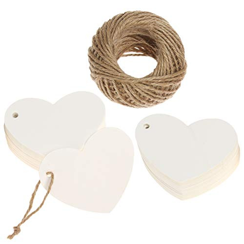 100PCS Kraft Paper Gift Tag with 100 Feet Jute Twine Hang Tags Blank Gift Wrap Tag Wedding Birthday Party DIY Crafts Tags Christmas Xmas Gift 2.56x1.97inch-Heart, White