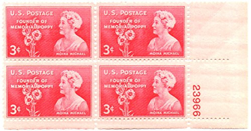 Postage Stamps United States. Block of Four 3 Cents Rose Pink, Moina Michael and Poppy Plant Issue, Stamps, Dated 1948, Scott 977.