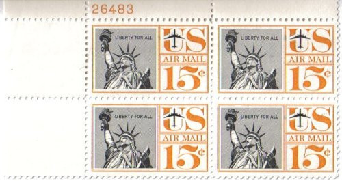 1959 STATUE OF LIBERTY Airmail C58 Plate Block of 4 x 15 cents US Postage Stamps 1959 STATUE OF LIBERTY Airmail C58 Plate Block of 4 x 15 cents US Postage Stamps