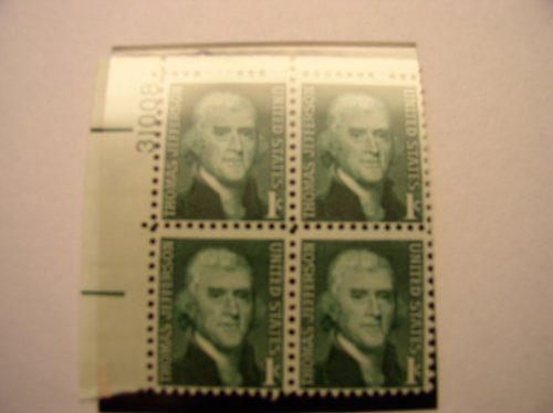 US Postage Stamps, 1968, Thomas Jefferson, S1278, Plate Block of 4 1 Cent Stamps