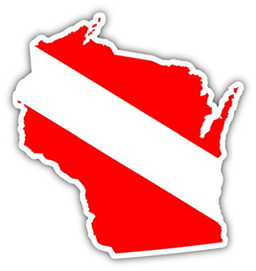 Wisconsin State Shaped Scuba Diver Scuba Diving Dive Down Flag Bumper Sticker Decal Car Window Stickers 4x4 in