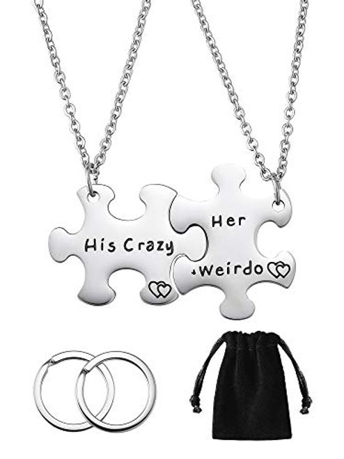 Zhanmai Valentine's Couple Gifts for Boyfriend and Girlfriend, Stainless Steel His Crazy Her Weirdo Couples Puzzle Piece Pendant Necklace Keychain Set Zhanmai Valentine's Couple Gifts for Boyfriend and Girlfriend, Stainless Steel His Crazy Her Weirdo Couples Puzzle Piece Pendant Necklace Keychain Set