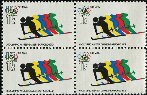 1972 WINTER OLYMPICS ~ SKIING ~ SAPPORO JAPAN ~ AIRMAIL C85 Block of 4 x 11 cents US Postage Stamps