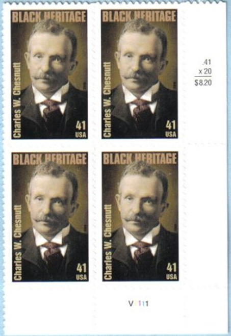 CHARLES W. CHESNUTT ~ BLACK HERITAGE ~ AUTHOR ~ Plate Block of 4 x 41 cents US Postage Stamps Scott 4222 CHARLES W. CHESNUTT ~ BLACK HERITAGE ~ AUTHOR ~ Plate Block of 4 x 41 cents US Postage Stamps Scott 4222