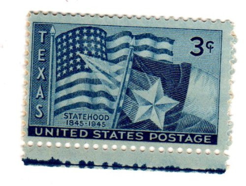 Postage Stamps United States. One Single 3 Cents Dark Blue, U.S and Texas State Flags Stamp, Texas Statehood Centenary, Dated 1945, Scott 938. Postage Stamps United States. One Single 3 Cents Dark Blue, U.S and Texas State Flags Stamp, Texas Statehood Centenary, Dated 1945, Scott 938.