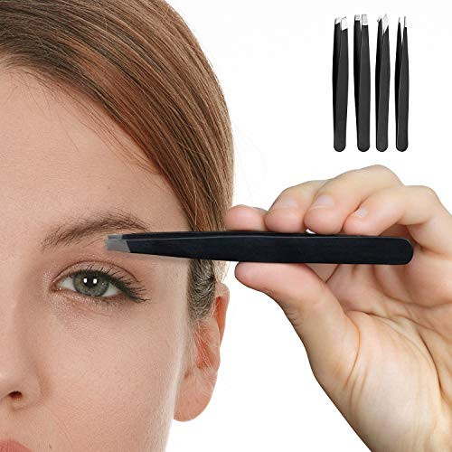 Tweezers Set of 4?Stainless Steel Tweezers, Best Precision Tweezers for Eyebrows, Great Precision for Facial Hair, Ingrown Hair, Splinter, Blackhead and Tick Remover