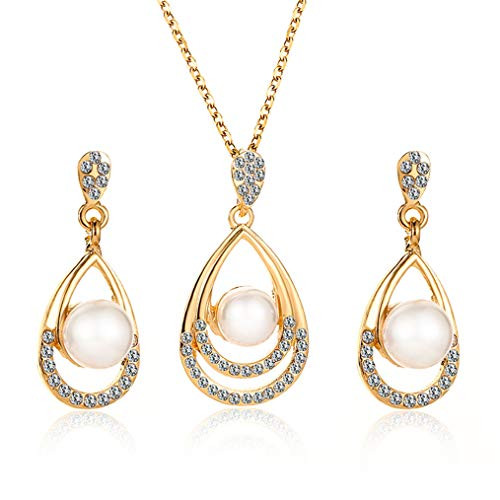 Cngstar Elegant Jewelry Set for Women Pearl Teardrop Zirconia Rhinestone Drop Earrings Necklace Jewelry Sets for Bridesmaids Gold