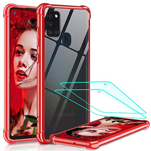 Samsung A21S Case, Samsung Galaxy A21S Case with Tempered Glass Screen Protector 2 Pack, LeYi Shockproof Crystal Clear Hard PC Bumper Slim Protective Phone Cover Cases for Galaxy A21S, Red