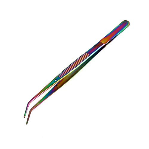 OdontoMed2011 Multi Rainbow Color Stainless Steel Tweezers  Heavy Pattern Precision Grade Curved Tip Forceps Tweezers with Serrated Tip and Knurled Handle Single