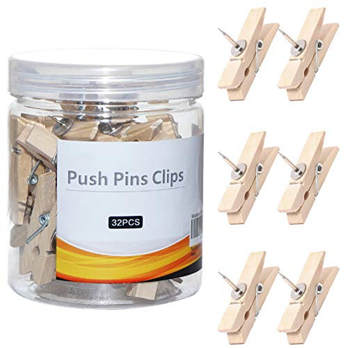 32 PCS Push Pin Clips, Wooden Push Pins for Cork Board, Decorative Thumb Tacks for Bulletin Board, Cute Cork Board/Bulletin Board Pins Thumbtack, Cork Board Accessories