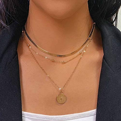 Avanlin Vintage Layered Coin Pendant Necklaces Gold Herrigingbone Beaded Necklace Chain Jewelry for Women and Girls
