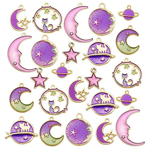24 Pcs Assorted Gold Plated Enamel Cat Moon Star Celestial Charm Pendant DIY for Earrings Necklace Bracelet Jewelry Making and Crafting M582-Purple 24 Pcs Assorted Gold Plated Enamel Cat Moon Star Celestial Charm Pendant DIY for Earrings Necklace Bracelet Jewelry Making and Crafting M582-Purple