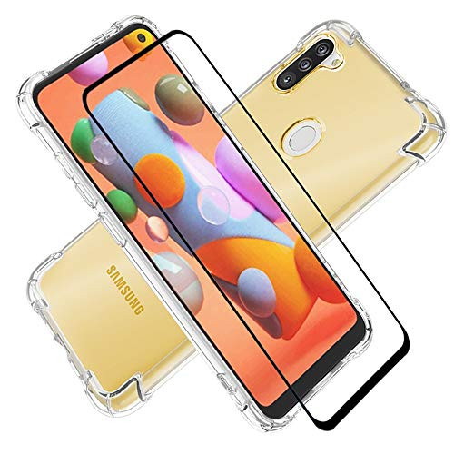 Samsung Galaxy A11 Case with Tempered Glass Screen Protector for Men and Women, HNHYGETE Transparent Shockproof Slim Two-Color Soft TPU Protection Cover Cases for Samsung Galaxy A11 Clear