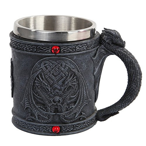 Celtic Dual Winged Dragon Mug Chalice Resin Body Stainless Steel Faux Stone