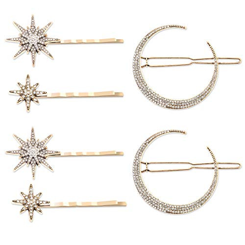 6 Pcs Stars and Moon Hair Clips, Vintage Rhinestone Star Hair Pin Metal Alloy Moon Hair Pin, Snowflake Moon Star Hair Barrettes Accessories for Women and Girls