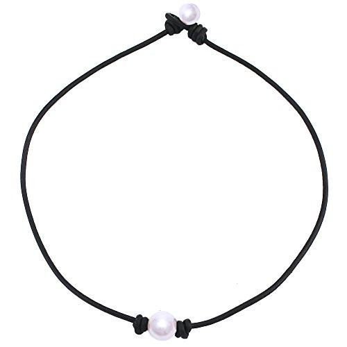 Single Cultured Freshwater Pearl Leather Choker Necklace on Genuine Black Leather Cord for Women Gift Handmade 15inch  Black