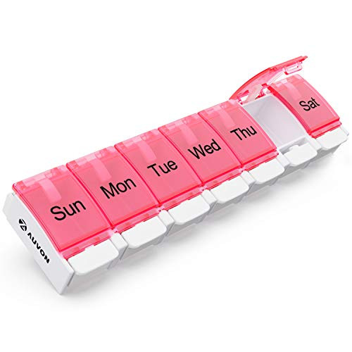 AUVON Weekly Pill Organizer Arthritis Friendly, 7 Day Pill Box Case with Spring Open Design and Large Compartment to Hold Vitamins, Cod Liver Oil, Supplements and Medication Red