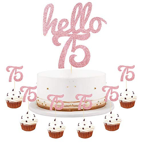 LVEUD Rose Gold Glitter Hello 75 Cake Topper - 75th Birthday/Wedding Party Decoration/ Happy 75th Birthday Cake Topper,Hello 75,Cheers to 75 Years,75  and  Fabulous Party Decoration?7 Piece Set? 75